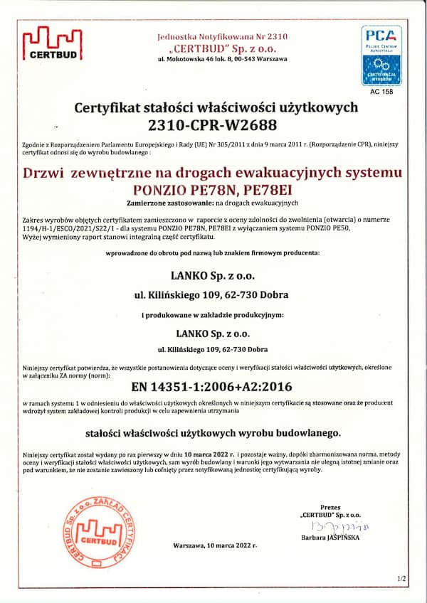 Certyfikat stałości właściwości użytkowych 2310-CPR-W2688
