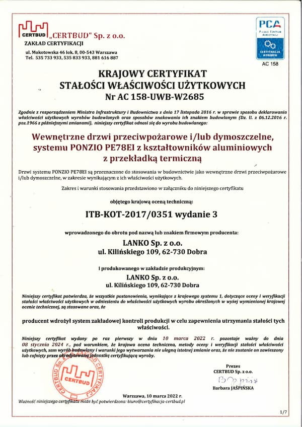 Krajowy certyfikat stałości właściwości użytkowych AC 158-UWB-W2685
