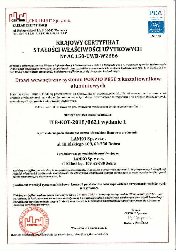 Krajowy certyfikat stałości właściwości użytkowych AC 158-UWB-W2686