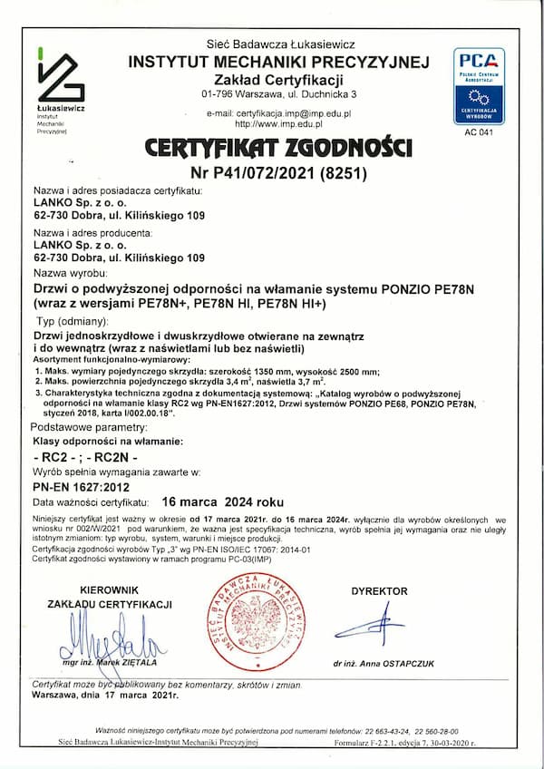 Certyfikat zgodności P41/072/2021