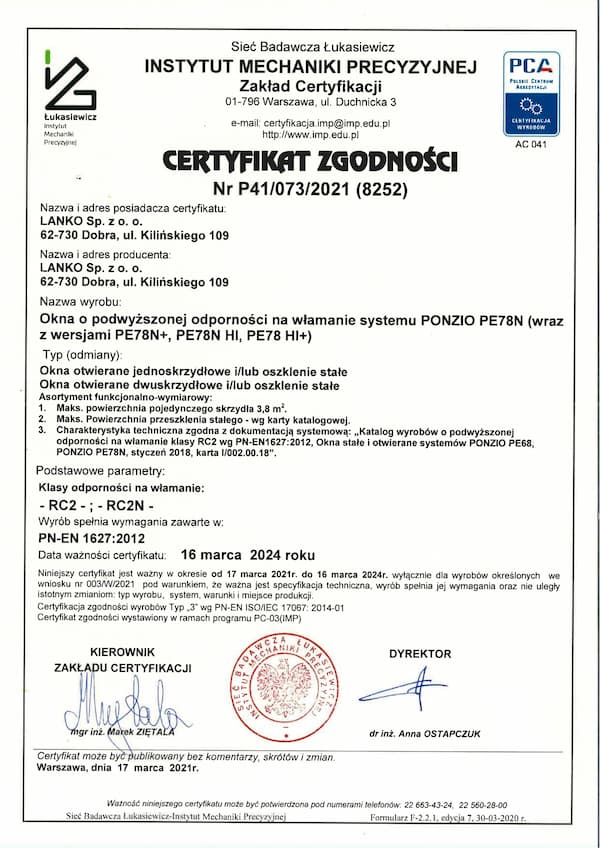 Certyfikat zgodności P41/073/2021